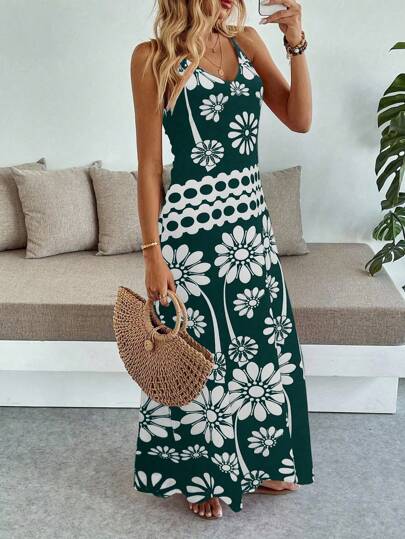 Breezaya Women's Casual Vacation Bohemian Style Floral Print Camisole Dress