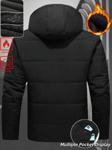 Manfinity Homme 男士长袖时尚百搭纯色连帽冬装外套，保暖内衬，商务休闲黑色，秋季 - 黑色 - 查看 3