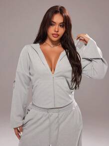 Rustia Plus Size Casual 2 Pieces Set: Long Sleeve Zip-Up Hoodie And Drawstring Pants Fall Cloth For Women CASUAL - Light Grey - View 4
