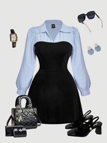 SHEIN MOD Plus Size Elegant Commuter Dress With Blue-White Stripe And Black Color Block, Faux-2 Pieces Appearance. Collared Dress. Long Sleeve Dress. Blue Striped Dress,Wimbledon Style,Wimbledon Outfit ,Fall Clothes For Women