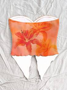 Soleia Áo cánh họa tiết hoa dâm bụt nhiệt đới, viền xoắn, viền bất đối xứng dành cho nữ, phong cách nghỉ dưỡng, phù hợp cho mùa xuân và mùa hè - trái cam - Xem 2