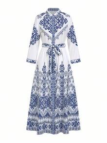 Ellevyn Women's Elegant Vintage Print Belted Shirt Dress