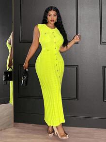 Veslaya 大码女式无袖荧光绿单排扣修身优雅针织连衣裙，秋冬款 - 綠色 - 查看 8