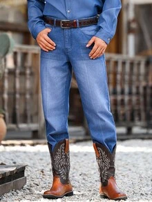 Manfinity Homme Jeans de pierna recta de mezclilla azul lavada de estilo casual para primavera/verano - Azul lavado medio - Ver 3