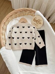 SHEIN Baby Girl Heart Pattern Long Sleeve Single-Breasted Knitted Cardigan And Knitted Pants Casual Suit,In Fall/Winter