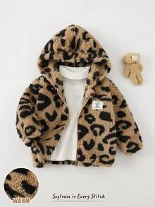 Cozy Pixies 女婴豹纹3D立体耳朵连帽长袖外套，加厚保暖内衬，适合秋冬季节穿着