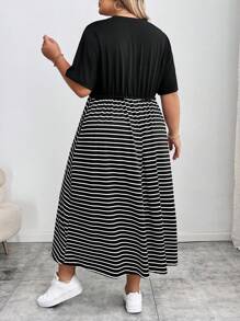 SHEIN CURVE+ Kurvenreiche Große Größen/Herbstkleidung/Herbstmode für Frauen/Winterkleidung für Frauen/Wintermode Große Größen Modische Lässig-bis-Business Elegante Free People Schulanfang, Outfit für Lehrer, Business-Profi, Pride-Bekleidung Schwarzes Kleid, Herbst, Konzerte, Damen Rundhals Taschen Mini Kleid, Gestreiftes Maxikleid