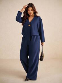 Elaquor Plus Size Casual Commuter Long Sleeve Shirt And Pants Set Women Dressy Pant Sets Plus Size Navy Blue Suit Women Blue Suit Women Plus Plus Size 2 Pieces Set Plus Size Pant Suit - Blue - View 5