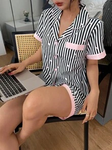 Button-Up Women's Short Sleeve Striped Pajamas With Comfortable Regular Fit And Collar Women Short Sets Pajama Short Set Summer Pj Set Short Pj Set Striped Pajama Set Pjs - Black - View 4