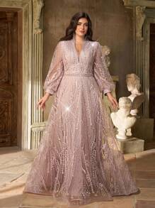 Aureia 加大码优雅奢华深 V 领长袖透明美人鱼下摆连衣裙，带珍珠和水钻装饰，适合婚礼、派对、庆典、单身派对、正式晚会 - 藕粉色 - 查看 1