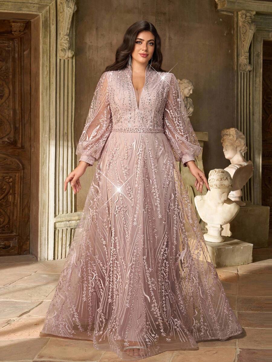 Aureia 加大码优雅奢华深 V 领长袖透明美人鱼下摆连衣裙，带珍珠和水钻装饰，适合婚礼、派对、庆典、单身派对、正式晚会 - 藕粉色 - 查看 1