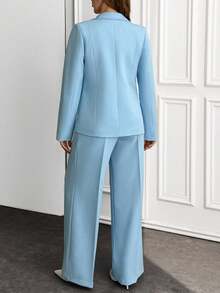 EURMUSE 2 件纯色西装外套和阔腿裤 - 淺藍色 - 查看 2