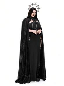 Flirla 大码网眼花卉蕾丝装饰钻石圆点朋克哥特夹克 - 黑色 - 查看 6