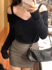 DAZY 女士露肩韩版优雅长袖毛衣，秋冬 - 黑色 - 查看 6