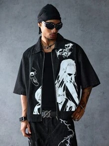 ROMWE MEN Anime Men's Denim Cartoon Character Print Zip-Up Casual Denim Jacket - Black - View 5