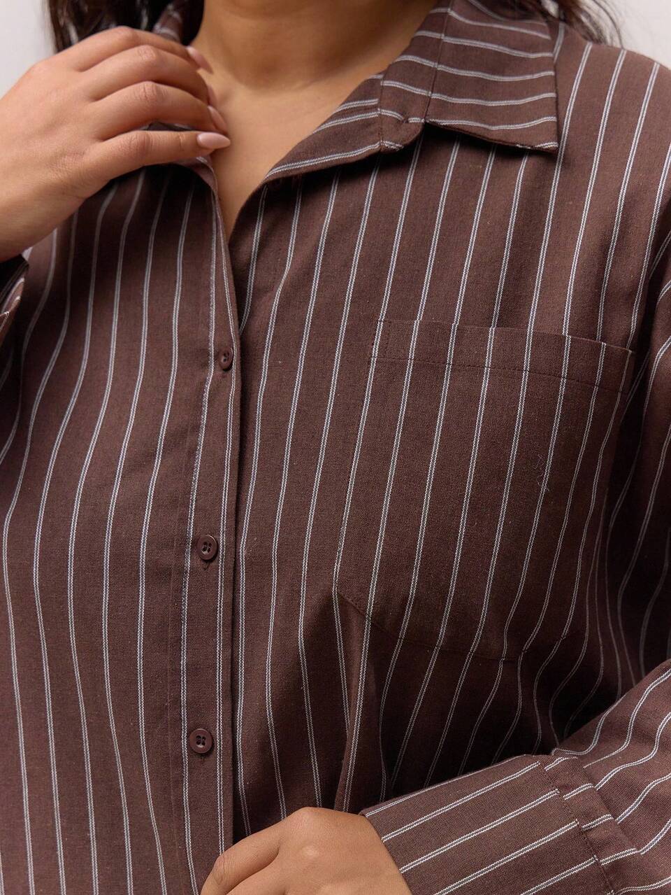Curve Button Down Stripe Shirt For Women ,Brown,Autumn,Casual,Bussines,Everyday Cute Elegant Classy Holiday Coolgirl Lounge Butterscotch
