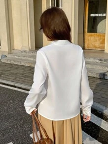 SHEIN Teen Girl Elegant Loose Fit V-Neck Long Sleeve White Blouse, Suitable For Commuting And Daily Wear - White - View 2