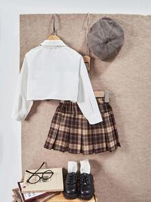 SHEIN Casuvi Kids 2pcs Young Girls Knitted Vest Shirt Combo With Vintage Plaid Pleated Skirt, Fashionable Outfit For Daily, School, Commute Girls School Uniform Outfit Plaid Skirt Outfit Toddler Back To School Outfit Toddler First Day Of School Outfit Girl Cute Toddler School Outfits Fall Winter - Multicolor - View 7