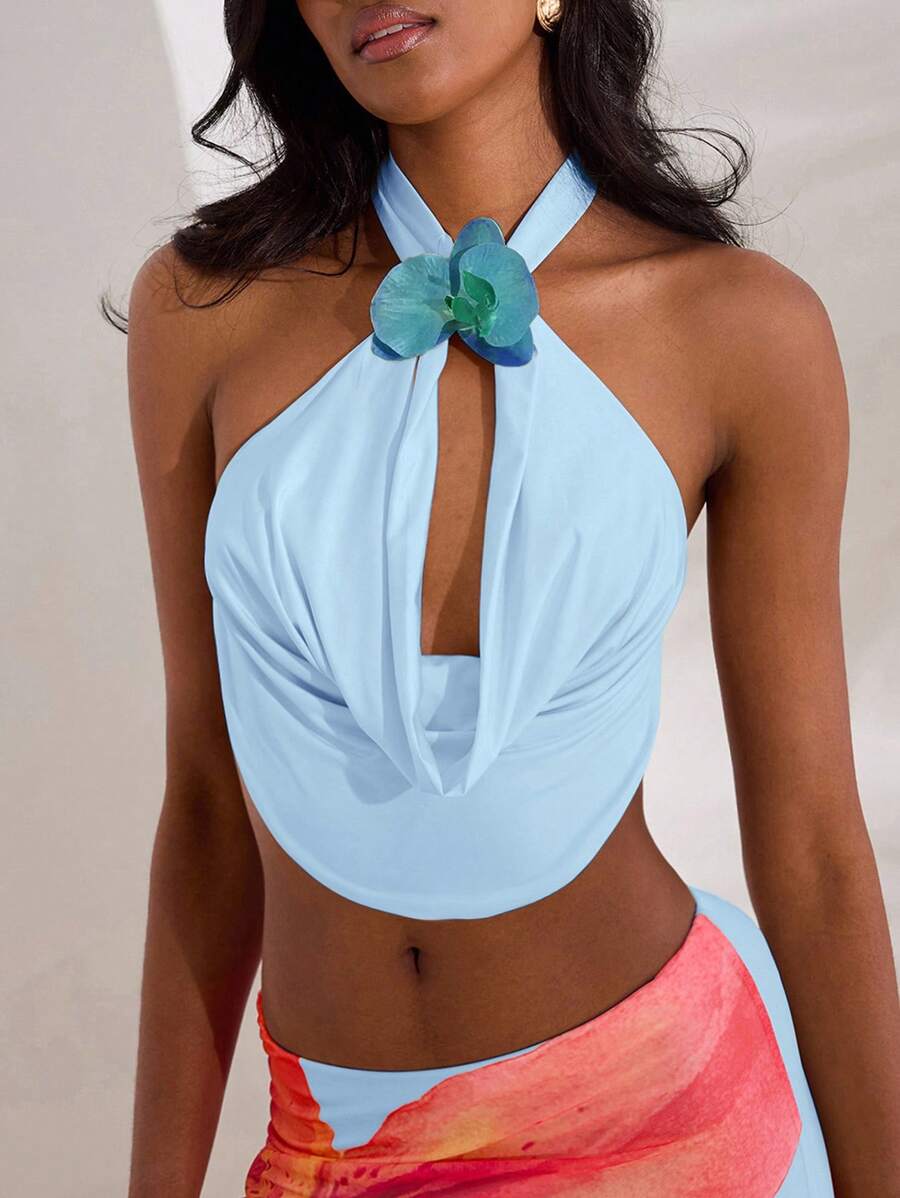 Opulessa Baby Blue Halter Top With Draped Front In Knitted Fabric, Backless Halter Top, Fall Winter - Baby Blue - View 1