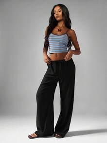MISSGUIDED Pantalones palazzo de pierna ancha con efecto martillado y satinado, cintura alta con cordón, pantalones de salón elegantes y fluidos para fiestas, eventos, uso casual y cómodo, ideal para usar en vacaciones y verano - Negro - Ver 4