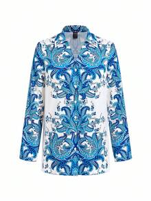Ellevyn Women's Floral Print Shirt And Pants Two Pieces Set, Elegant And Graceful - Blue and White - View 9