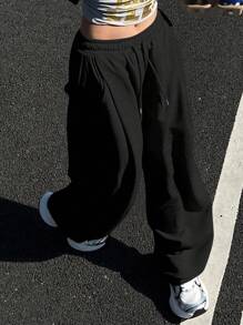 DAZY Women's Solid Color Loose Pleated Pants, Casual Sports Street Style, Thermal Lined, Autumn/Winter Sweatpants