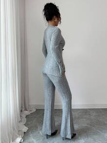 Elenzga Damen Set aus einfarbiger Strickjacke mit Horn-Knöpfen und weitem Strickflare Hose, 2 Stücke