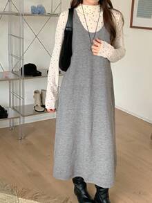 DAZY 女士纯色圆领无袖休闲宽松针织连衣裙毛衣裙夏季女装 - 灰色 - 查看 6