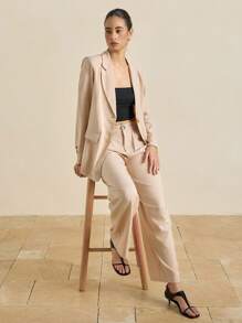 Airaco Women's Solid Color Front Button Closure Long Sleeve Blazer Jacket And Pants Elegant Suit Set Fall Cloth For Women