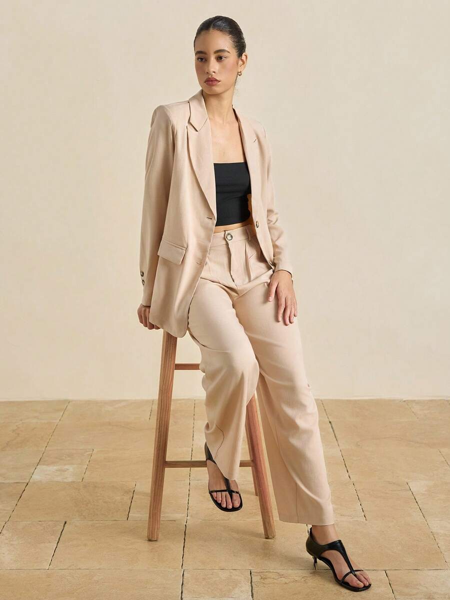 Airaco Women's Solid Color Front Button Closure Long Sleeve Blazer Jacket And Pants Elegant Suit Set Fall Cloth For Women