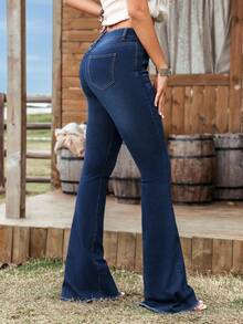 SHEIN 大码女式休闲弹力口袋牛仔裤 - 中等水洗藍 - 查看 2