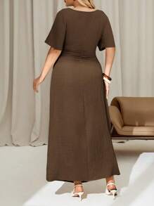 Auralis Plus-Size Summer Solid-Colored Linen Dress For Ladies, Short-Sleeved Long Dress, Summer Ladies' Dress Dresses For Women Summer Vacation Dress Casual Dresses For Woman,Modest Dresses For Women Spring - Brown - View 2