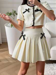 Tween Girls Casual/Commuter Bow Decor Short Sleeve Shirt And Pleated Midi Skirt 2 Pieces Set - Apricot - View 1