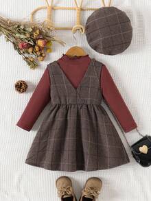 SHEIN 3 件套女婴荷叶边领长袖 T 恤连衣裙 + 配套帽子套装，简约格子设计服装，春秋 - 彩色 - 查看 2