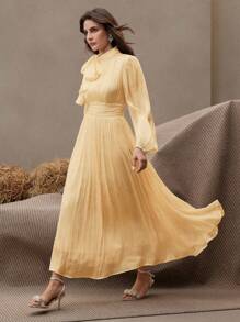 Anewsta Essential Abito elegante e versatile in tessuto plissettato e lucido, adatto per la primavera e l'autunno, con vita arricciata - Giallo - Visualizzare 7