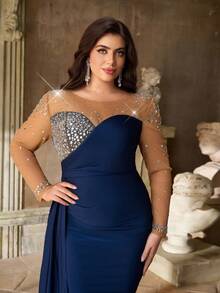 Aureia Plus Size Elegant Minimalist Blue Mesh Sheer Long Sleeve Luxurious 3D Rhinestone Pleated Front Draped Asymmetric Hem Dress, Suitable For All Formal Occasions, Galas, Ceremonies - Blue - View 4