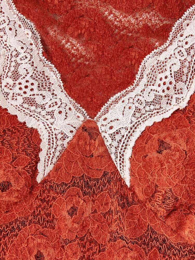 V Neck Long Sleeve Lace Top With Contrast Lace Trim Fall Women Clothes Back To School Top Spring Summer  New Year Top French Style Parisian Style