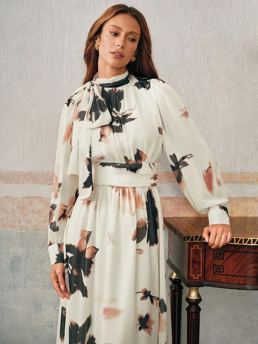 Anewsta 女式优雅系带领印花长袖收腰喇叭下摆雪纺连衣裙，秋季 - 杏色 - 查看 1