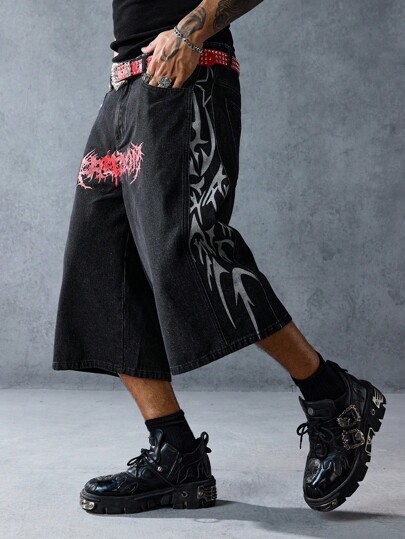 Goth Casual Straight Loose Men's Dark Denim Gothic Print Shorts, Halloween