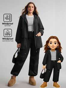 Comfylo 大码休闲户外纯色连帽风衣 - 黑色 - 查看 2