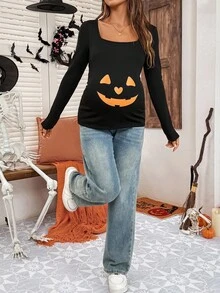SHEIN Maternity Black Autumn Halloween Graphic Pumpkin Print Long Sleeve Crew Neck Casual Everyday T-Shirt,Jack O Lantern Pregnancy Costume Shirts For Women - Black - View 5