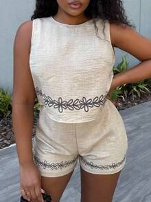 Alexandranx Conjunto de dos piezas de mujer tejido, casual, de verano, para vacaciones - Albaricoque - Ver 3