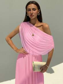 Aloruh New Draped Shoulder Ruched Decor Slim Fit Extra Long Flowy Maxi Party Vacation Versatile Lightweight Dress - Baby Pink - View 5