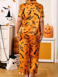 Chillnights Plus Size Faux Silk Shirt Collar Halloween Funny Pumpkin Print Set - Orange - View 2
