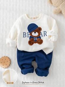 Cozy Pixies 2pcs Baby Boy Cartoon Bear Pattern Knitted Soft Crew Neck Long Sleeve Hoodie And Elastic Waist Thermal Lined Pants Set Baby Set Autumn Winter Season Baby Boy Bear Outfit Baby Casual Sets Fall - Blue - View 1