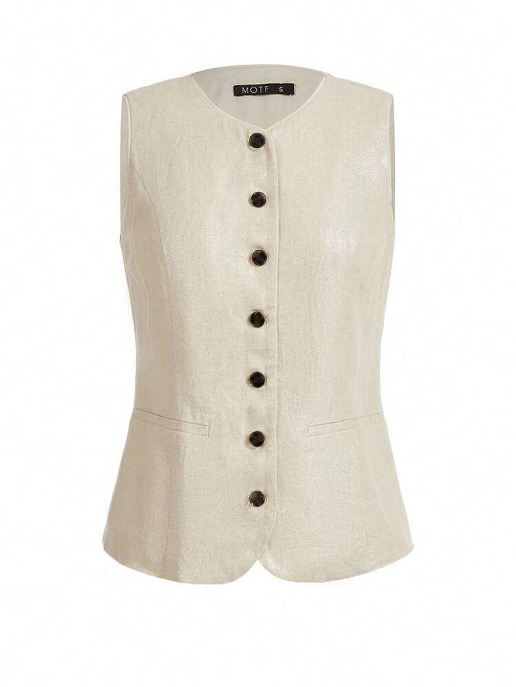 SHEIN x PRISCILA & JIMENA LINEN SINGLE BREASTED WAISTCOAT