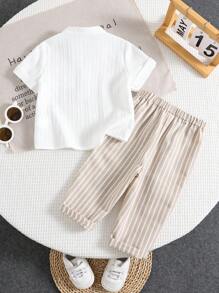 SHEIN 2 件套男婴休闲学院风灰色中式立领衬衫和条纹松紧腰裤套装，适合生日派对、晚会、表演、婚礼、迎婴派对、1 岁生日庆祝