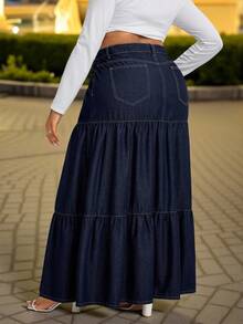 Slaydiva Plus Size Women Loose Fit Casual Denim A-Line Skirt Old Money Elegant Autumn Dark Blue Denim Skirt - Dark Wash - View 2