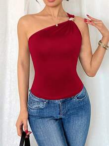 Rafferiza 女式黑色性感金属褶皱无袖紧身衣 - 紅色 - 查看 7