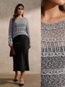 Juhart Áo len dệt kim cổ tròn khoét lỗ màu trơn dành cho nữ cỡ lớn thời trang thu đông - Xám - Xem 6